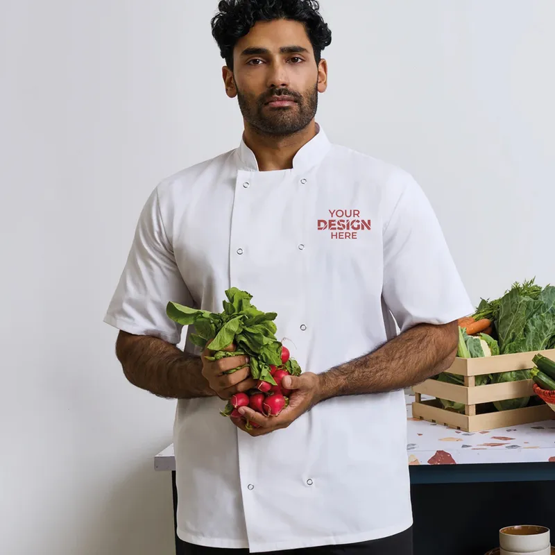 Studded front short sleeve chef's jacket PR664